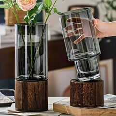 3pcs Glass Vase for Flowers - 25cm Tall Cylindrical Vase with Wooden Base Clear Large Flower Vases Boho Rustic Style Vases Modern Minimalist Ornaments for Pampas Grass Dried Flowers Wedding Home Decor