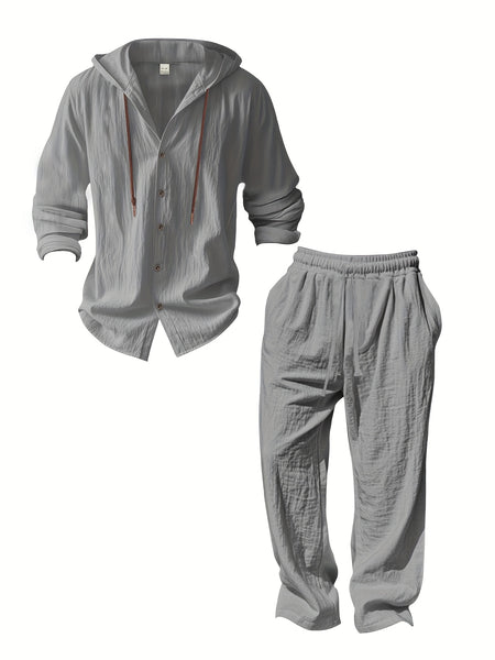 Men's Fashion Lightweight Linen Long Sleeve Hoodie + Pants Set, Solid Color, Versatile Moisture-Wicking Quick- Non-Stretch Fabric, Regular Fit with Drawstring Details, Ideal for Beach, Outdoor Leisure, Vacation, Parties, Straight-Leg Design, Machine