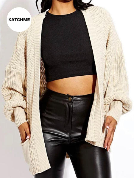 KatchMe Women's Commuter Versatile Balloon Sleeve Knit Short Cardigan ，Casual Knitwear for Lady, Plain Open-Front Side Pocket Womenswear