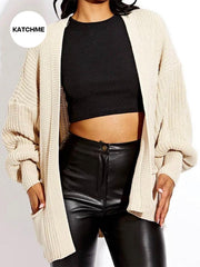KatchMe Women's Commuter Versatile Balloon Sleeve Knit Short Cardigan ，Casual Knitwear for Lady, Plain Open-Front Side Pocket Womenswear