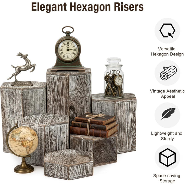 6-Pack Hexagon Display Risers in Vintage Brown – Tiered Display Stands for Shelves and Countertops – Display Plinths for Jewelry, Retail Crafts, Cupcakes, and Desserts