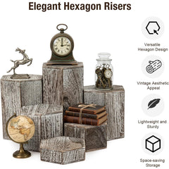 6-Pack Hexagon Display Risers in Vintage Brown – Tiered Display Stands for Shelves and Countertops – Display Plinths for Jewelry, Retail Crafts, Cupcakes, and Desserts