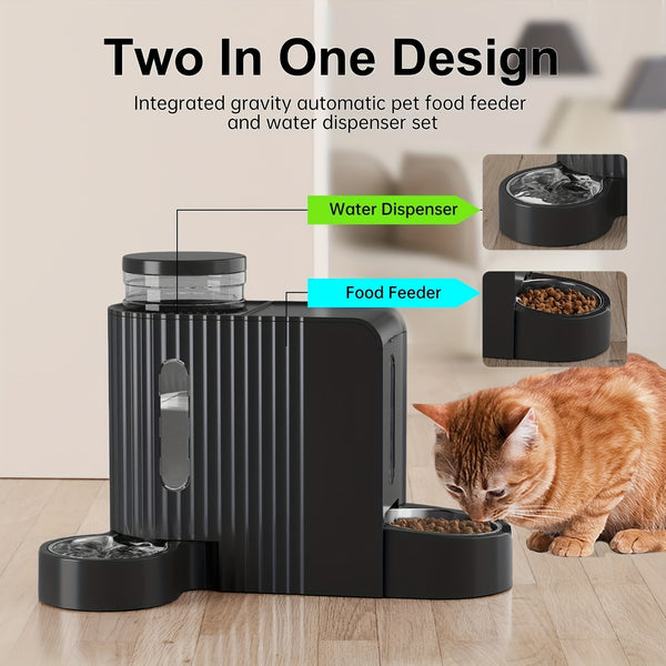 Dog And Cat Food Feeder And Water Dispenser, Two-In-One Set, 3L Large Capacity, Automatic Gravity Feeding, 304 Stainless Steel Bowl, Removable And Washable, for Small/Medium/Large Dogs And Cats, Black, Without Battery