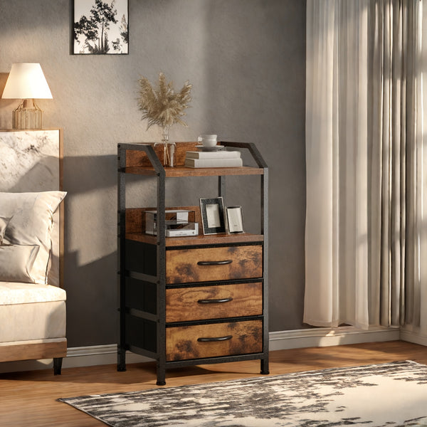 Modern Black Fabric Drawer Nightstand with Open Shelves - Engineered Wood & Metal Frame, 3 Drawers & Open Shelf, Compact 68.58cm Height, 3, 2 Cu Ft Storage, Easy Assembly for Bedroom, Living Room, Dorm, Office, Bedroom Storage, Contemporary Design, Sturdy