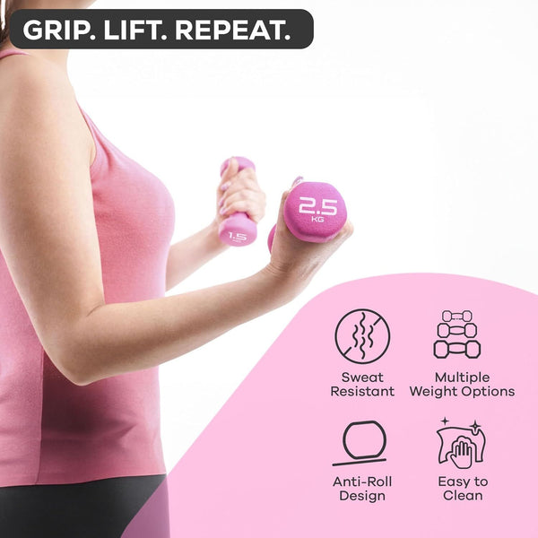 Gallant Weights Dumbbells Set Women- Hex Shaped Neoprene Hand Weights for Women and Men- Ideal for Home Gym Fitness Weight Training Pilates - Pink 10KG Set (1kg, 1.5kg, 2.5kg Pair)