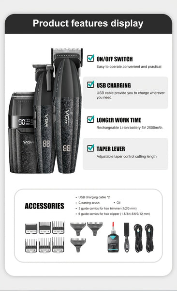 The VGR Men'S Electric Hair Clipper And Trimmer Set Features Interchangeable Ceramic Blades, Operates at High Speeds with 9000 RPM, Includes a Professional Hair Clipper with an LCD Display