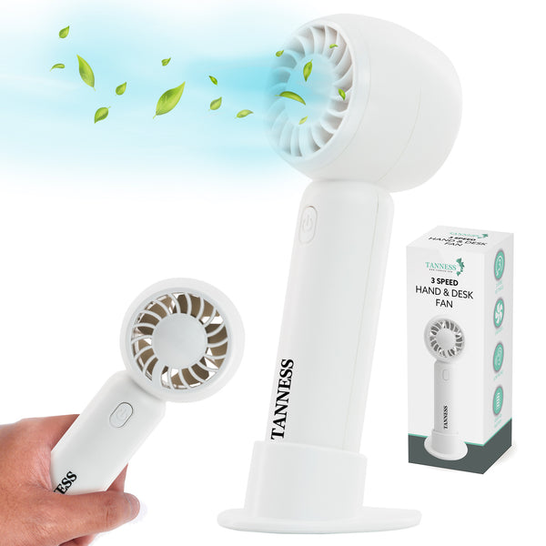 TANNESS 3 Speeds Handheld Fan - Rechargeable, Portable, Foldable With Detachable Base | USB Mini Hand Fan for Table, Desk - Quiet Standing Fan