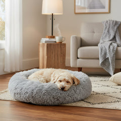 40/50/60/70cm Round Plush Donut Dog/Cat Bed Cuddler Pet Cushion Self-Warming Bed Washable Dog Bed with Non-Slip and Waterproof Bottom Calming Dog Bed
