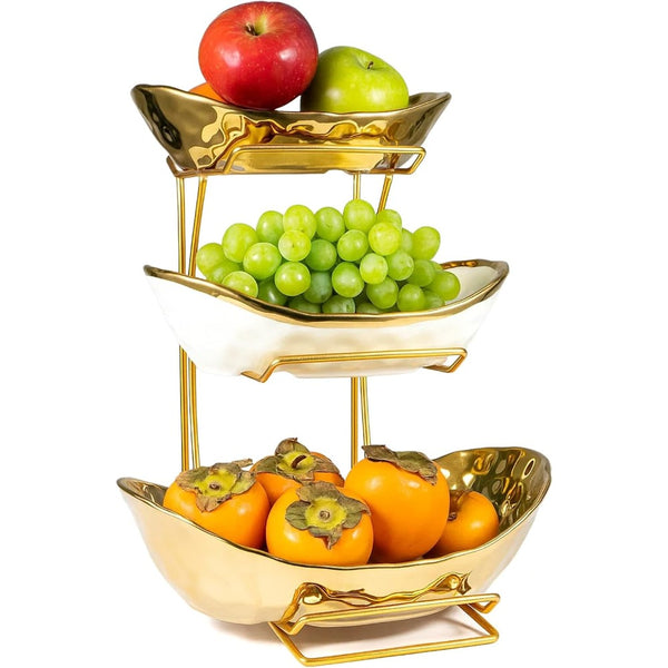 Premium 3-Tier Kitchen Fruit Basket – Gold Metal Rack with Three Big Bowls for Snacks, and Baked Goods – Space-Saving Design