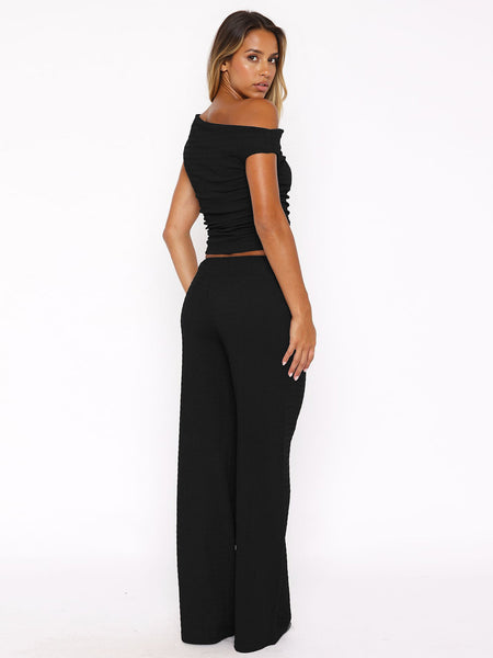 KatchMe Women's 2-Piece Outfit - Sloping Shoulder Top & Wide Leg Pants Set, Shirred Detail Matching Coord, Minimalist Solid Color Two Piece