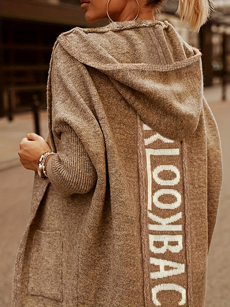 Letter Print Open Front Hooded Cardigan, Casual Long Sleeve Cardigan For Fall & Winter, Women's Clothing