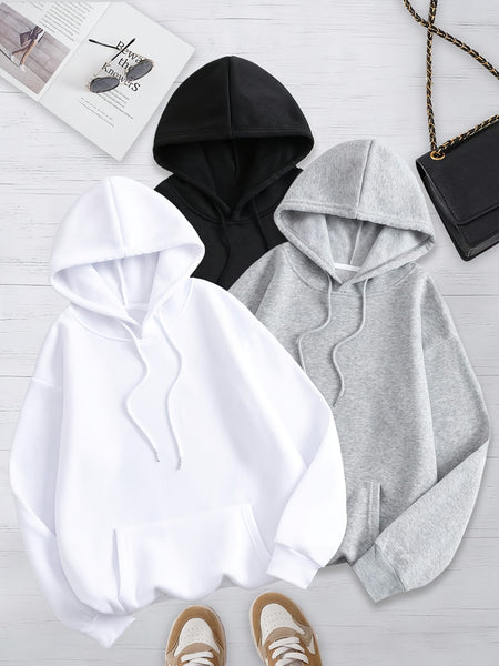 Women's Solid Color 3pcs Set Hooded Sweatshirt with Kangaroo Pocket and Drawstring Hood
