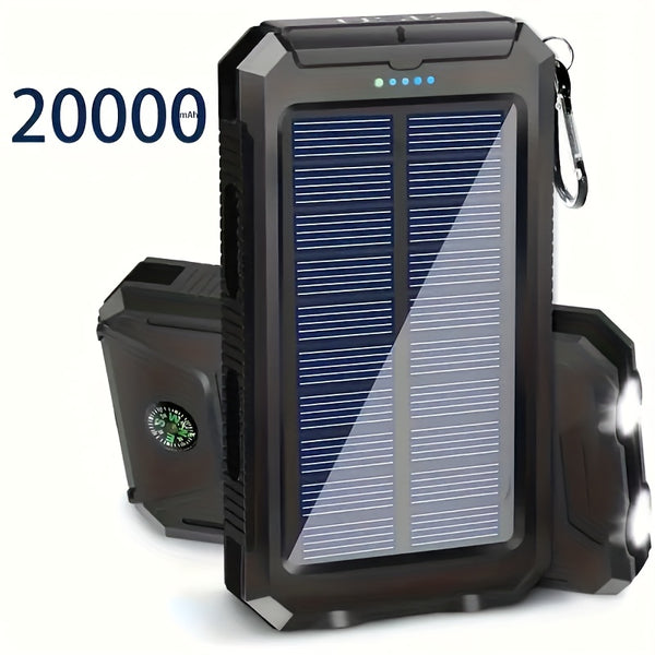 20000mAh Portable Solar Power Bank, Portable Solar Mobile Phone Charger, Camping External Battery Charger for Mobile Phones, 2 USB/ LED Flashlights with Compass for Outdoor Activities