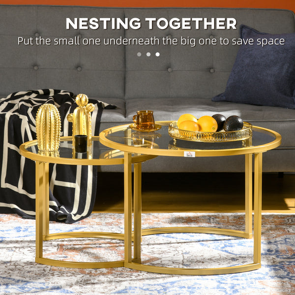 Glass Coffee Table Set of 2, Round Nest of Tables with Tempered Glass Tabletop and Steel Frame, Modern Side Tables for Living Room, Black