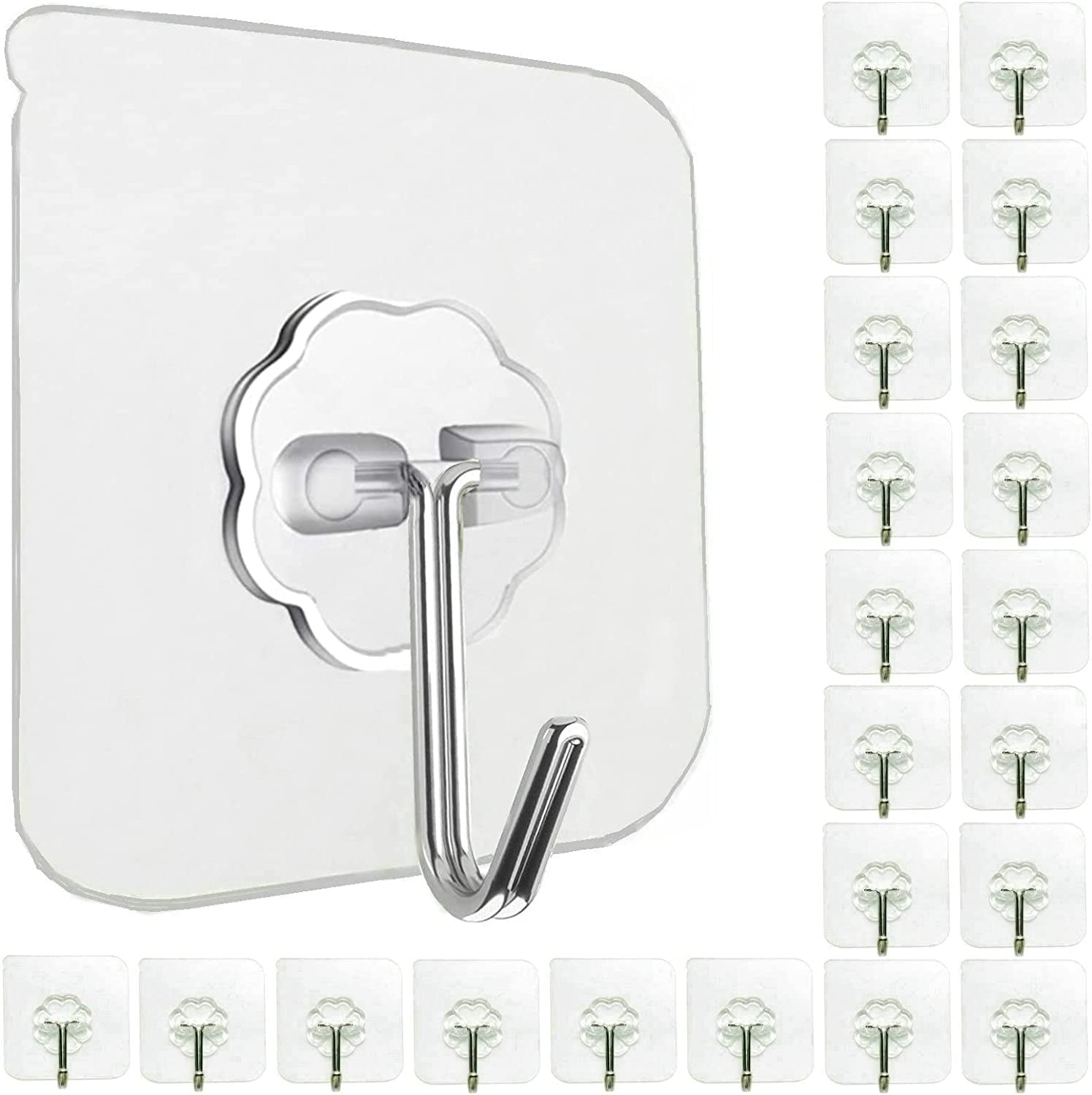 Jiaweixiang 24 Pack Heavy Duty Self Adhesive Hooks - 33Lb Max, Transparent, Waterproof, Sticky Wall Hooks for Keys, Bathroom, Shower, Outdoor, Kitchen, Door, Home Improvement, Utility