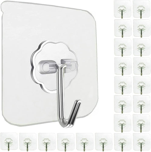 Jiaweixiang 24 Pack Heavy Duty Self Adhesive Hooks - 33Lb Max, Transparent, Waterproof, Sticky Wall Hooks for Keys, Bathroom, Shower, Outdoor, Kitchen, Door, Home Improvement, Utility
