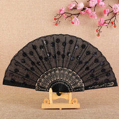 1/ 2pcs Vintage Embroidered Sequins Hand Fan Folding Handheld Fan, for Wedding Party Dance Group Events