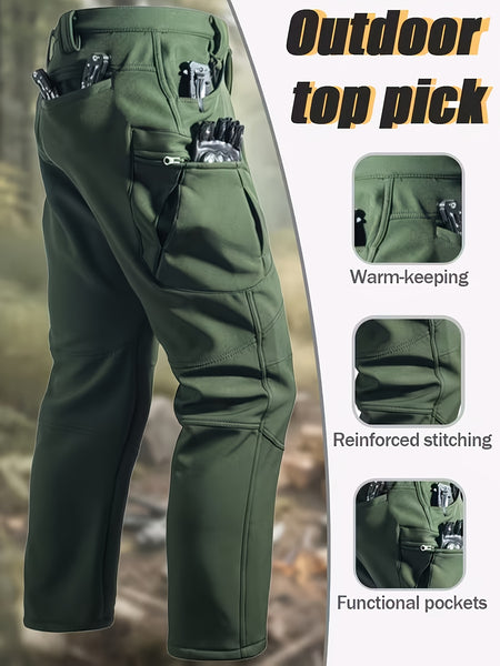 Men's -Lined Tactical Cargo Pants for Winter, New Multi-Functional Pockets, Softshell Stretch Warm Fabric, Windproof, Durable, Tear-Resistant, Suitable for Middle-Aged and Elderly, Outdoor Hiking, Travel, Snowy Weather, No Belt