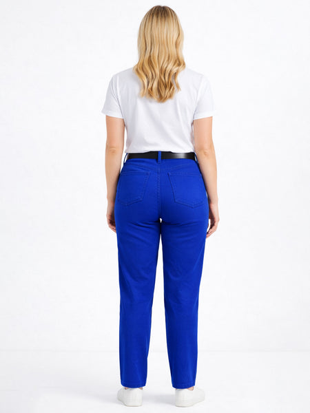 Women's Straight Leg Mid-Rise Chino Trouser Soft Denim Jeans in Blue and Red in Short Regular Long Size 6 8 10 12 14 16 18