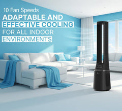 Puremate 2-In-1 Bladeless Tower Fan & Air Purifier with HEPA Filter, 10 Speed Settings, Portable Ultra Quiet Standing Fan with Remote Control, Digital Display, Powerful Air Cooling for Home & Office