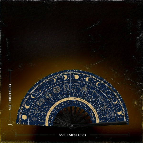[Golden Zodiac Fan] Golden Navy Blue Zodiac Constellation Folding Hand Fan | Novelty Design for Dance Cosplay, Weddings, Parties & Role-Playing Props