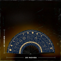 [Golden Zodiac Fan] Golden Navy Blue Zodiac Constellation Folding Hand Fan | Novelty Design for Dance Cosplay, Weddings, Parties & Role-Playing Props