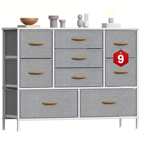 Stylish Large 9 Drawers Dresser with Durable Metal Frame, Scratch-Resistant MDF Top, And Spacious Fabric Drawers - Tall Chest Of DrawersPerfect for Elegant Bedroom, Cozy Living Room Or Functional Office Use