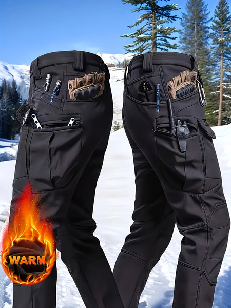 1PC Men's -Lined Warm Tactical Cargo Pants, Thick Winter Style, Multi-Pocket, Windproof Snowproof, Micro-Stretch Fabric, Suitable for Outdoor Hiking, Fishing, Casual Outings, No Belt