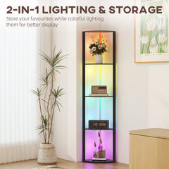 LED Floor Lamp with Shelves, 5-Tier Dimmable Standing Lamp with Adjustable Brightness and Foot Switch, Modern Corner Display Shelf Unit for Living Room Bedroom Office