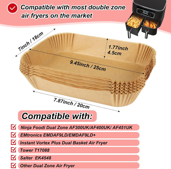 BYKITCHEN 100Pcs Air Fryer Liners for Ninja Dual, Air Fryer AF300UK AF400UK Accessories, Disposable Airfryer Parchment Paper Liners, Compatible with Ninja, Breville, Tower & Other Dual Zone Fryers