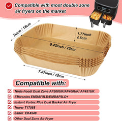 BYKITCHEN 100Pcs Air Fryer Liners for Ninja Dual, Air Fryer AF300UK AF400UK Accessories, Disposable Airfryer Parchment Paper Liners, Compatible with Ninja, Breville, Tower & Other Dual Zone Fryers