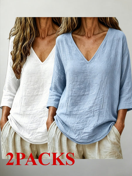 2 PACKS V-Neck 3/4 Sleeve Tops, Women'S Loose Breathable Summer Casual Blouse Shirts