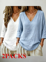 2 PACKS V-Neck 3/4 Sleeve Tops, Women'S Loose Breathable Summer Casual Blouse Shirts