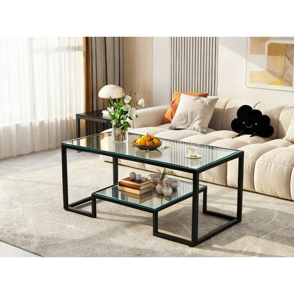 Alivio Modern Coffee Table with Metal Frame & Shelves Storage (Glass)