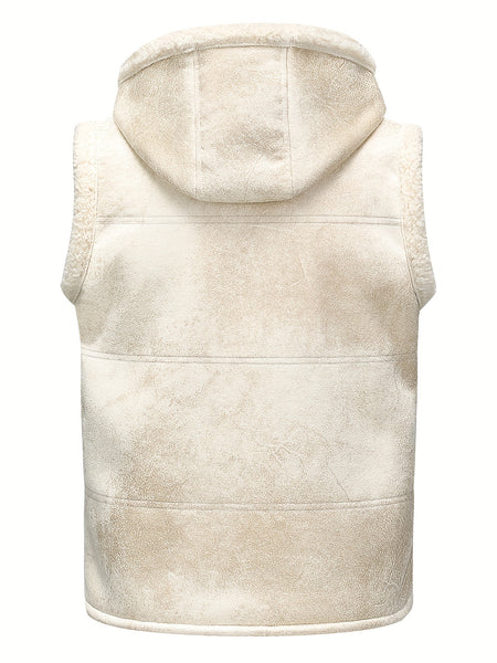 Men's Faux Fur-Lined Hooded Vest, Thickened and -Lined, Fashionable Windproof and Warm Outer Jacket for Men