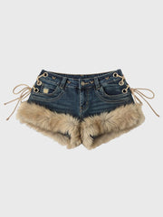 2026 New Y2K Millennial Spicy Jeans, American High Street Fuzzy Patchwork, Low Waist Hot Pants, Trendy for Autumn Winter Wear