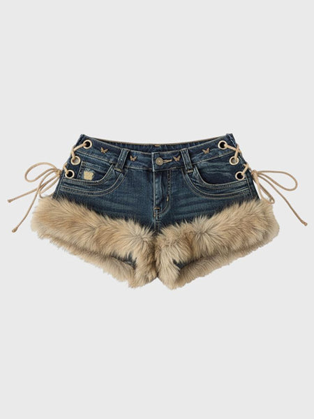 2026 New Y2K Millennial Spicy Jeans, American High Street Fuzzy Patchwork, Low Waist Hot Pants, Trendy for Autumn Winter Wear