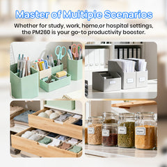 PM260B Portable Wireless Thermal Label Maker - 203DPI HD Printing, 1200mAh Long Battery, Auto-Calibration, Compatible with Mobile & Computer Systems, for Home Storage / Office Organization / Personal Item Sorting (Labels Included)