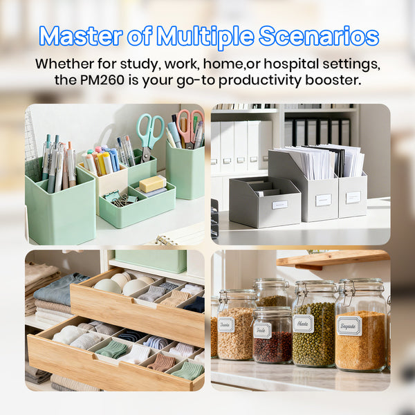 PM260B Portable Wireless Thermal Label Maker - 203DPI HD Printing, 1200mAh Long Battery, Auto-Calibration, Compatible with Mobile & Computer Systems, for Home Storage / Office Organization / Personal Item Sorting (Labels Included)