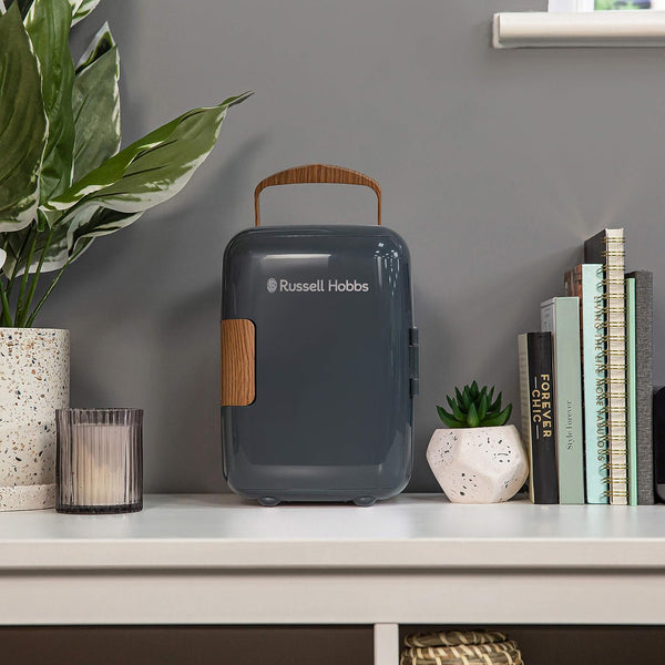 Russell Hobbs RH4CLR1001SCG 4L/6 Can Mini Portable Cooler & Warmer for Drinks, Cosmetics/Makeup/Skincare, AC/DC Power, Scandi Style, Grey & Wood Effect, for Bedroom, Home, Caravan, Car