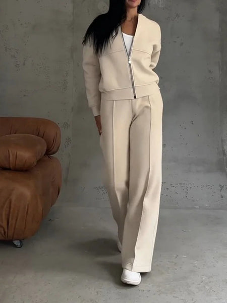 Women's Solid 2pcs Track Suit | 2025 Autumn Zipper Jacket + Wide-Leg Pants, Minimalist Solid Color Casual Matching Outfit for Daily/Street Wear