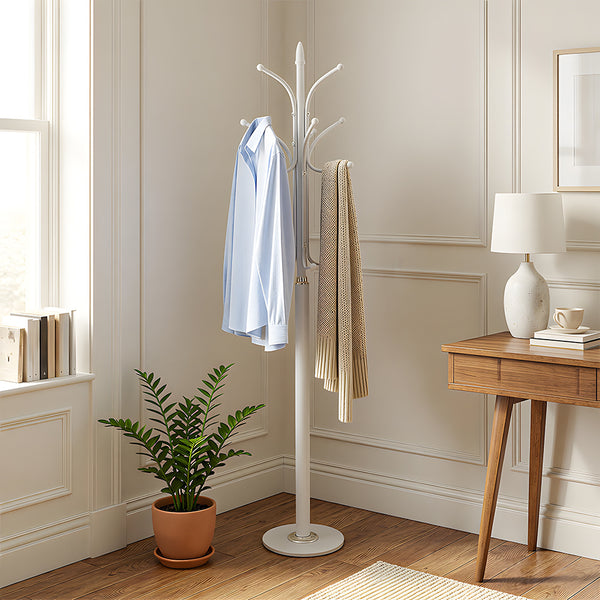 12-Hook Stylish Freestanding Coat Rack, Column-style Heavy Duty Metal Hat Stand with Solid Marble Base, 180cm Tall 4.7cm Thick Pole, Gold Black White Finish for Hallway, Office, Boutique Display