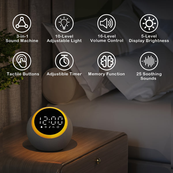 White Noise Sound Machine - With Nightlight & Alarm Clock - 25 Soothing Sounds, 16 Levels Adjustable Volume, Timer Therapy, Sleep Aid - Ideal For Sleep, Relaxation, Focus, Dimmable Night Light Alarm Clock For Bedroom