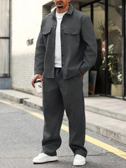 Men'S Fall Workwear Buttoned Casual Cardigan for Daily Wear, Sports Collar Outerwear, Top Matched with Casual Trousers, Two-Piece Set
