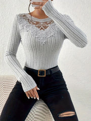 Women'S Elegant Long Sleeve Blouse - Slim Fit Crew Neck Top with Lace-like Mesh Panel, Chic Office to Party Shirt for Fall, Non-See-Through Formal & Everyday Outfits - Women'S Clothing, Ladies Shirts And Tops, Casual Wear, Sophisticated Casual, Nontranspa