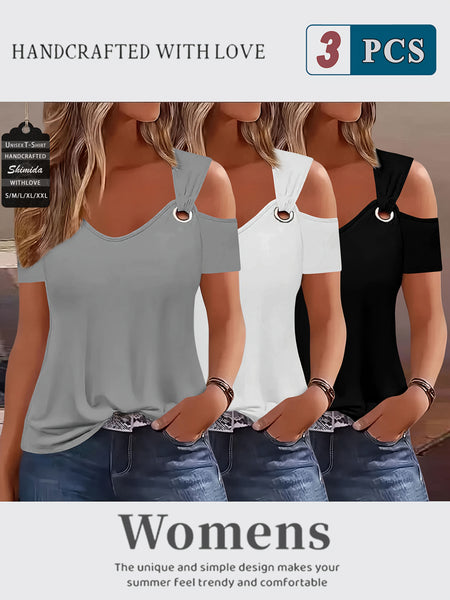 Three-Piece Summer Off-Shoulder Short-Sleeve T-Shirt, Casual Loose Eyelet V-Neck Solid Color Basic Off-Shoulder Short-Sleeve Top
