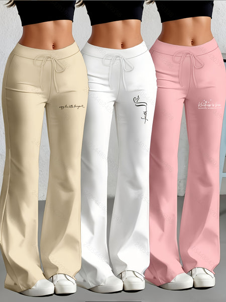 European and American Spring/Summer New Fashion Women's Bottoms: Flared Straight-Leg Pants with Classic English Text Print, Daily Casual Butt-Lifting Peach Butt Long Pants, Three-Piece Set