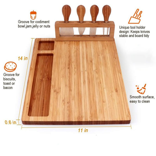 Cheese Board with Removable Tool Holder & Food-Serving Utensils | Charcuterie Boards with Dedicated Zones for Dips & Snacks | Includes Cheese-Specific Utensils & Heart-Shaped Food Cutter