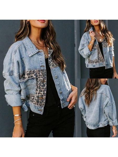 New Leopard Print Fashion Patchwork Torn Denim Top Casual Jacket, Casual Autumn Wear | Patchwork Denim Jacket | Glossy Fabric Finish