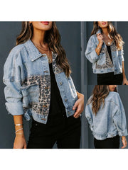 New Leopard Print Fashion Patchwork Torn Denim Top Casual Jacket, Casual Autumn Wear | Patchwork Denim Jacket | Glossy Fabric Finish